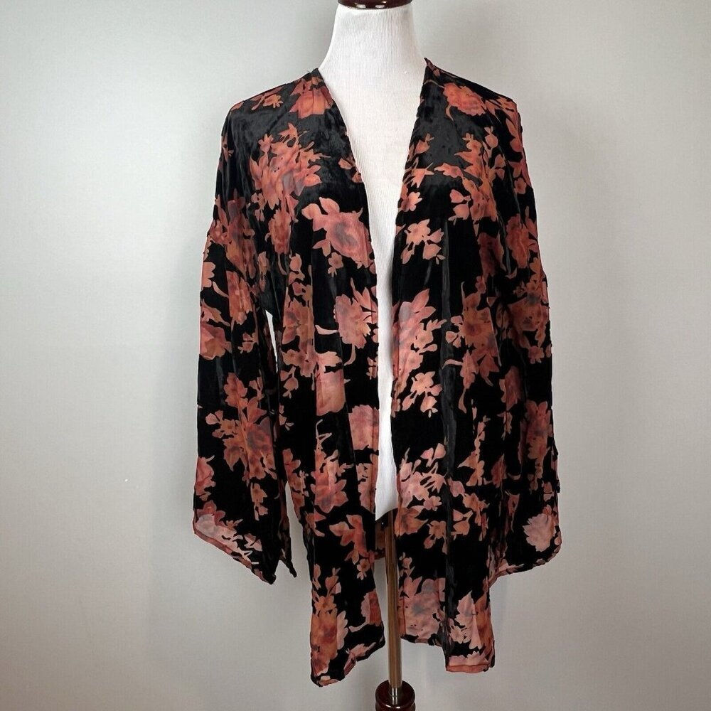 Peach Love‎ Kimono Top Womens Small Black Pink Floral Burnout Velvet Open Boho